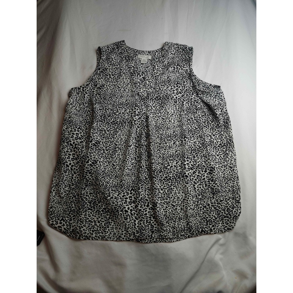 Rachel Zoe Womens 2X Leopard Print Sleeveless V-Neck Pleated Blouse Black White